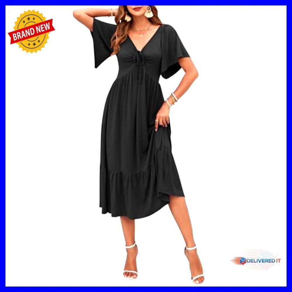 Summer Empire Waist Midi Dress V Neck Flutter Sleeve Casual Tiered - Picture 2 of 7